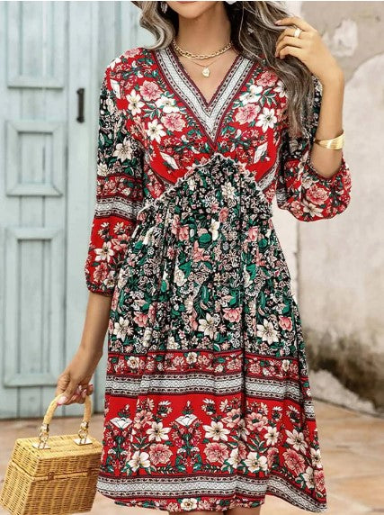 Amelia - short sleeve printed boho dress for women