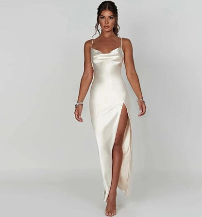 Harper - white satin maxi dress with spaghetti straps