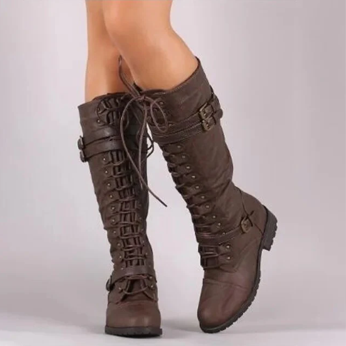 Bailee - retro boots with flat buckle and lace-up