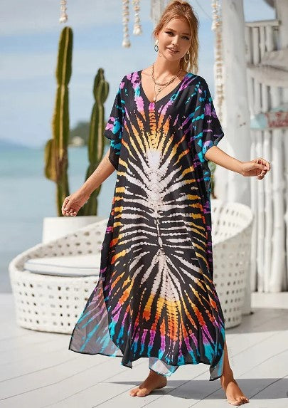 Evelyn - long boho dress with graphic rainbow print