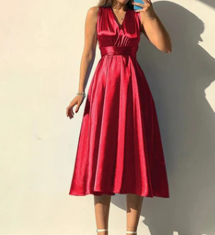 Ella – mint red, simple, sleeveless satin maxi dress