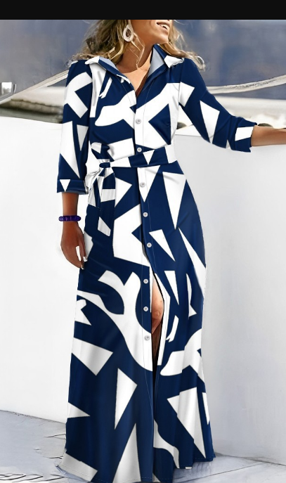 Emma – blue printed maxi dress with 3/4 sleeves