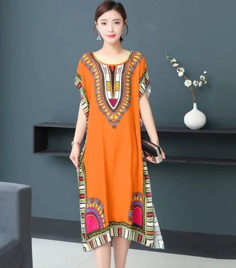 Abigail - o-neck vintage ethnic print long boho dress