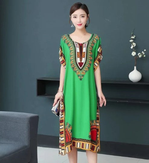 Abigail - o-neck vintage ethnic print long boho dress