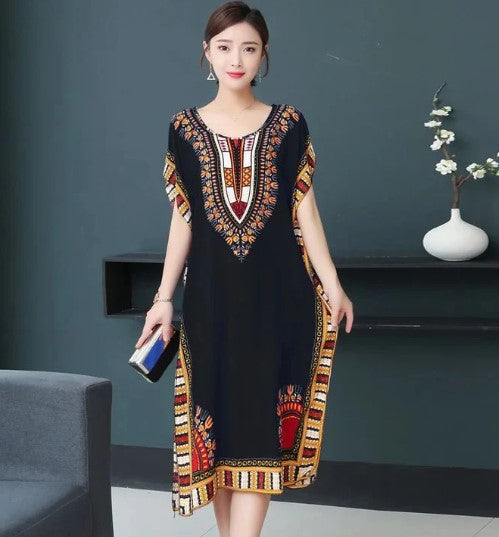 Abigail - o-neck vintage ethnic print long boho dress