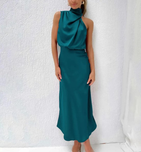 Mia - champagne green black satin halter neck maxi dress