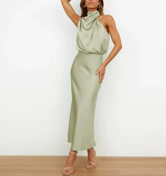 Mia - champagne green black satin halter neck maxi dress