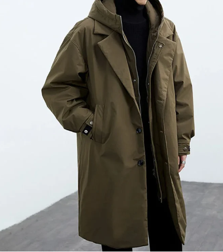 Trench coat with hood and button closure for men