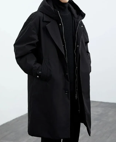 Trench coat with hood and button closure for men