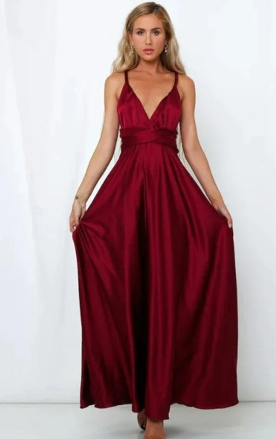 Evelyn - sleeveless satin maxi dress with v-neck and narrow waist