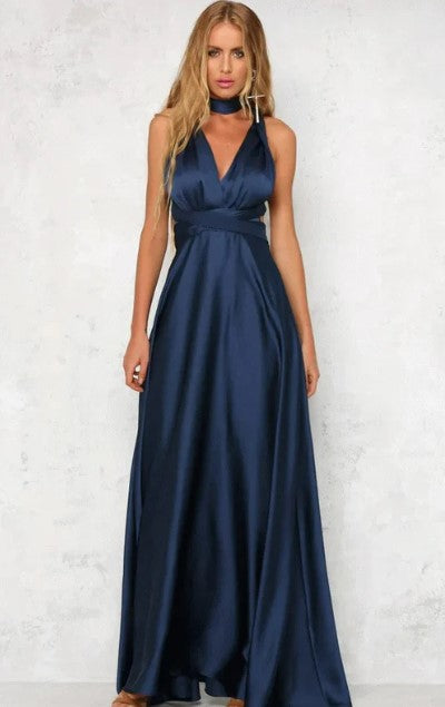 Evelyn - sleeveless satin maxi dress with v-neck and narrow waist