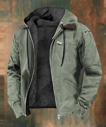 Robust men's jacket with hood, zipper and soft fleece lining