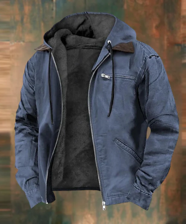 Robust men's jacket with hood, zipper and soft fleece lining