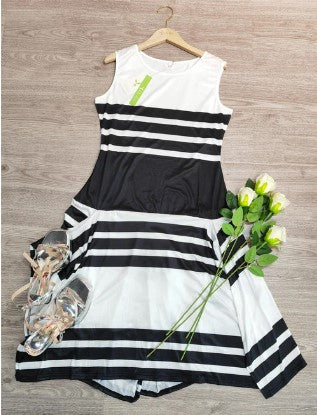 Lily - striped black apricot block neck dress