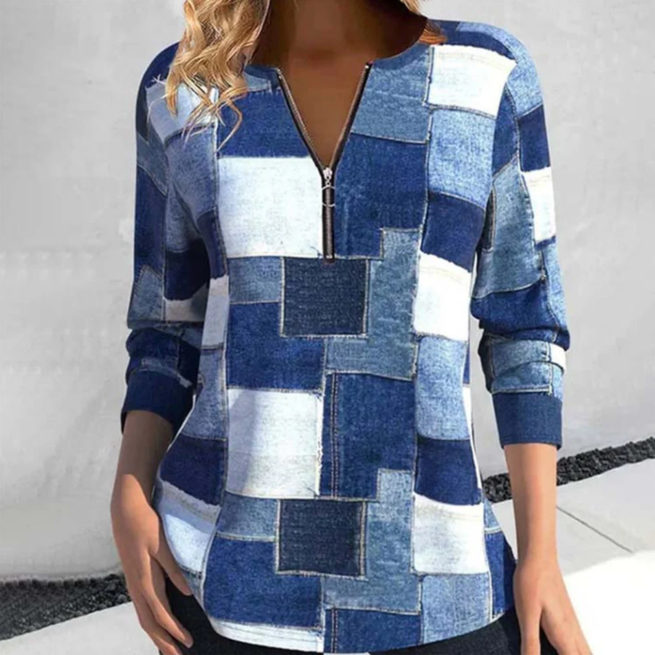 Ulrike - trendy top with long neck and geometric pattern for women