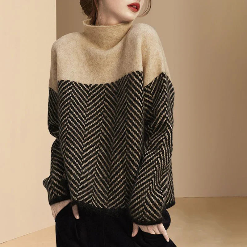 High neck sweater with herringbone pattern