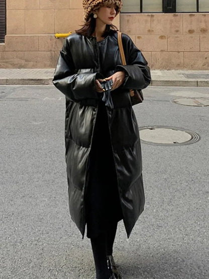 Aimee - long leather puffer jacket with belt