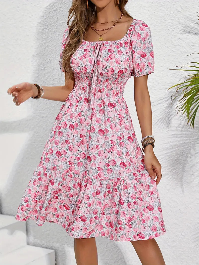 Olivia floral print holiday dress with front knot detail and square neckline