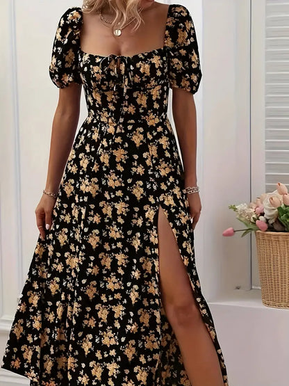 Ava floral print a-line dress with puff sleeves for spring and summer