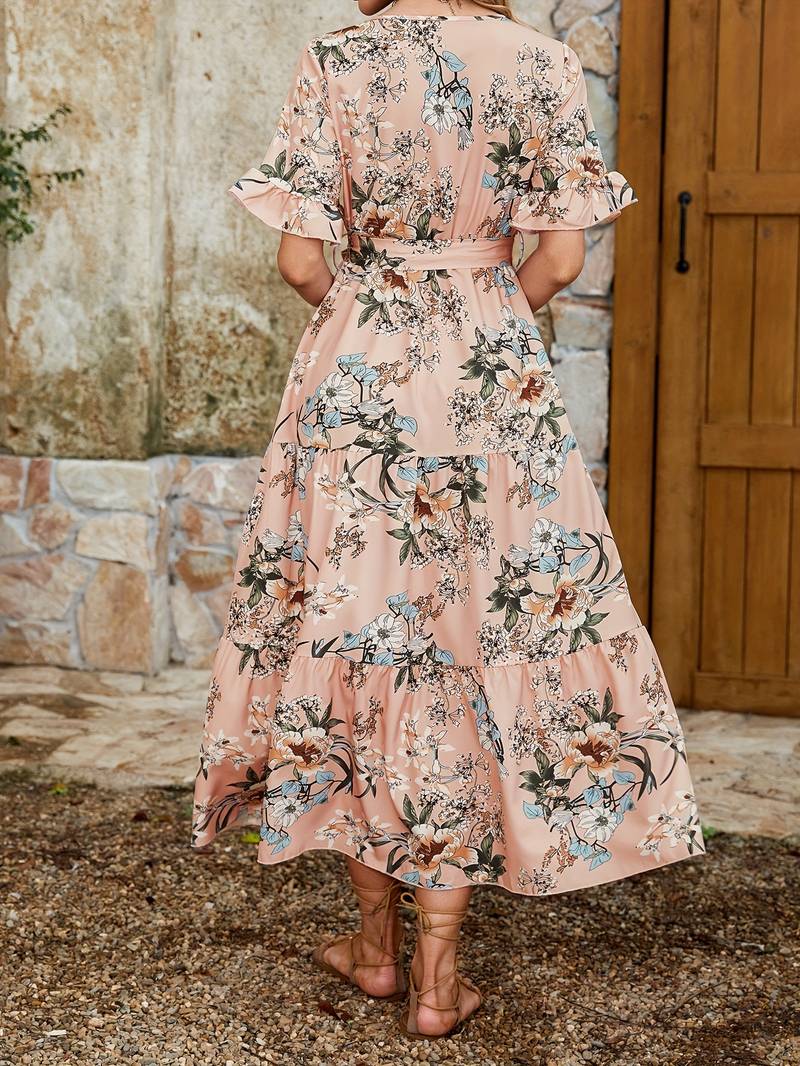 Lily short sleeve floral print ruffle v neck dress