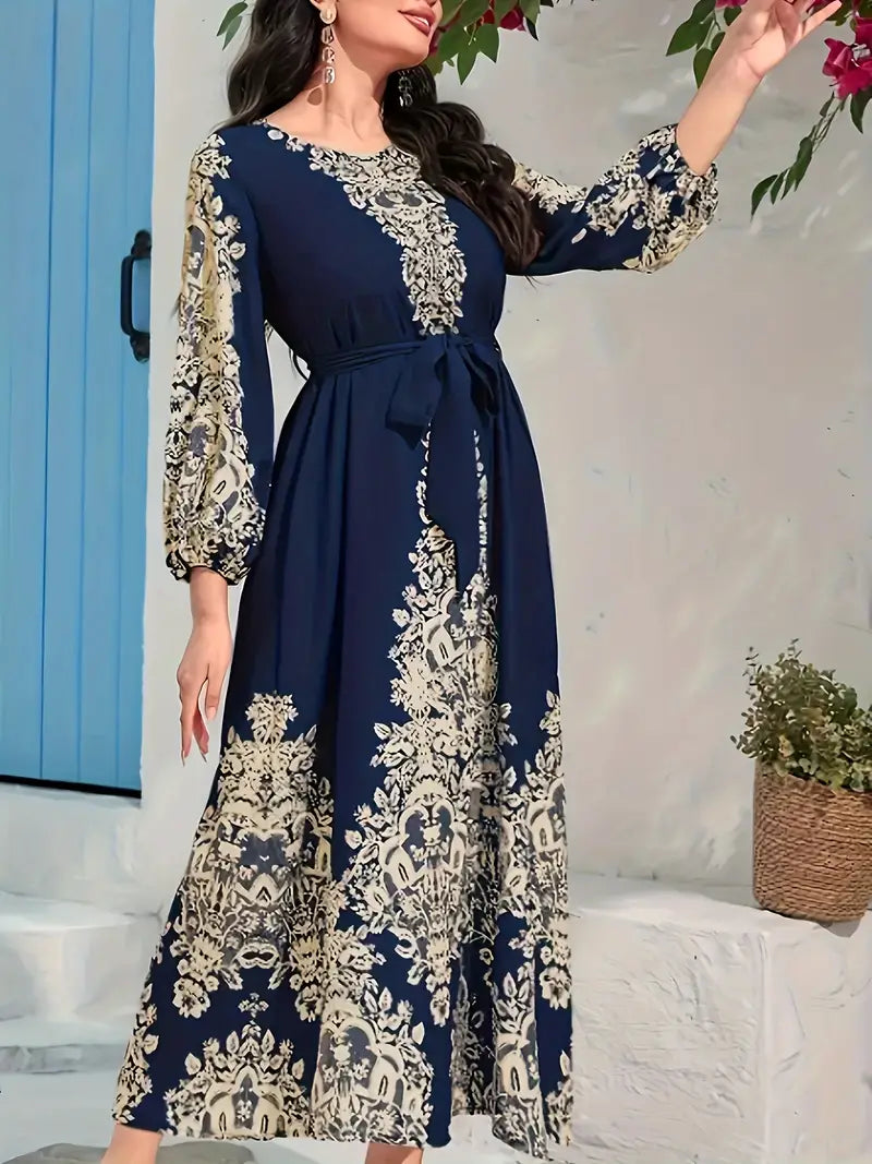 Mila – dress with ethnic floral print and round neck