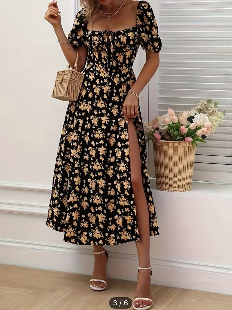 Ava split hem floral a-line dress for spring