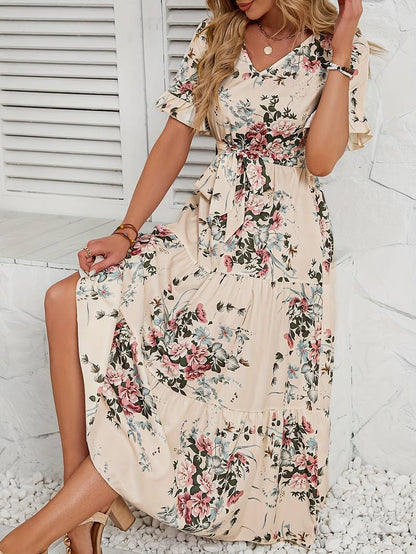 Lily short sleeve floral print ruffle v neck dress