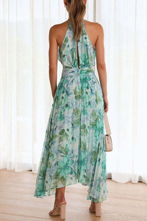 Forecast - pleated mid-length dress with a cutout neckline and a floral pattern