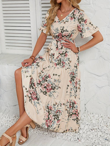 Lily short sleeve floral print ruffle v neck dress