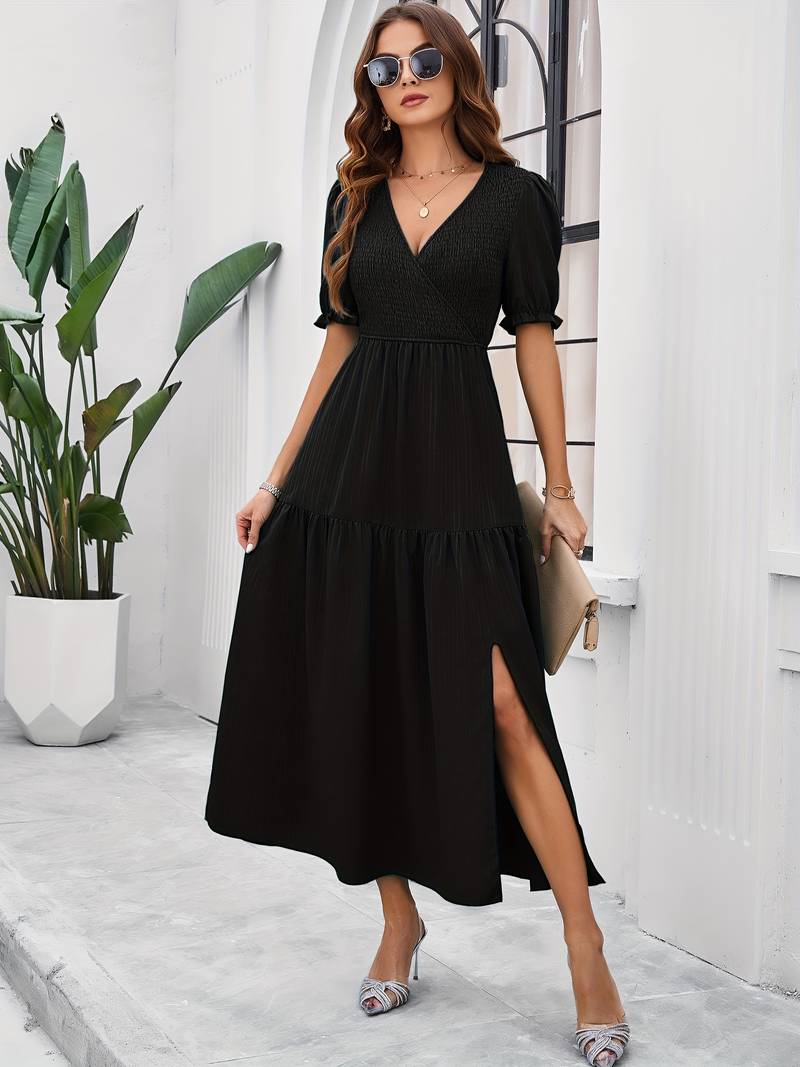 Fiona - shirred v-neck split hem dress