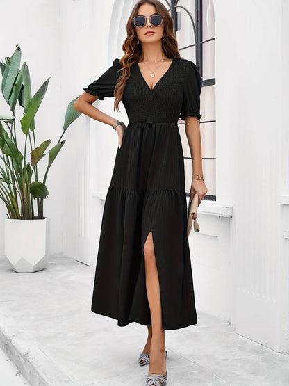 Fiona - shirred v-neck split hem dress