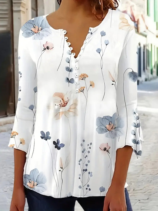 Fiorella – floral print top with buttons and flared sleeves