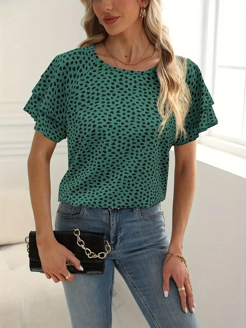 Samantha - ruffle trim crew neck blouse for women