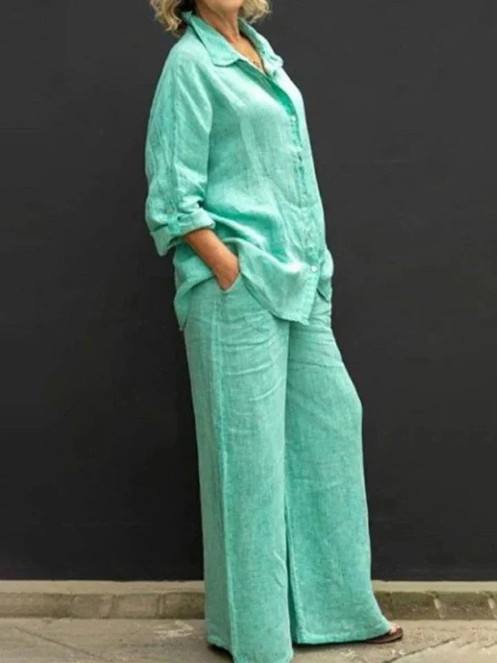 Casual linen ensemble with button placket