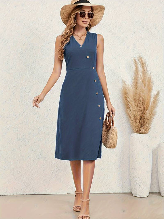 Bethany - v-neck button decor midi dress