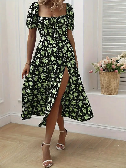 Ava floral print a-line dress with puff sleeves for spring and summer