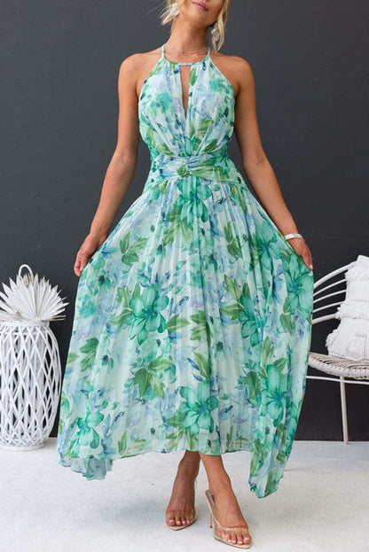 Forecast - pleated mid-length dress with a cutout neckline and a floral pattern