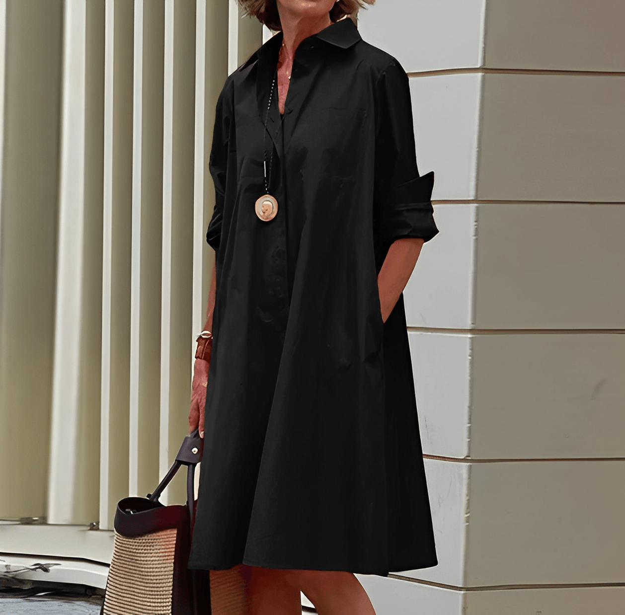 Modern shirt dress with turn-down collar & three-quarter sleeves