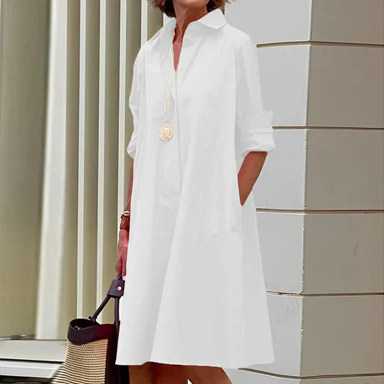 Modern shirt dress with turn-down collar and three-quarter sleeves