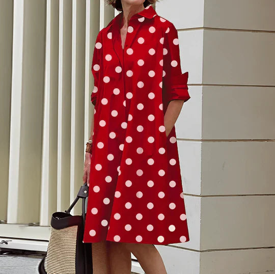 Modern shirt dress with turn-down collar and three-quarter sleeves