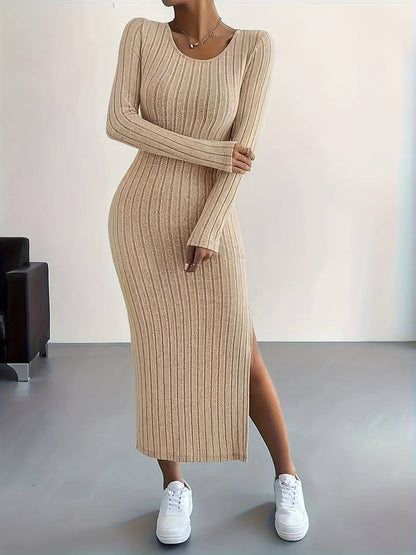 Ivy - solid ribbed crew neck long sleeve dress