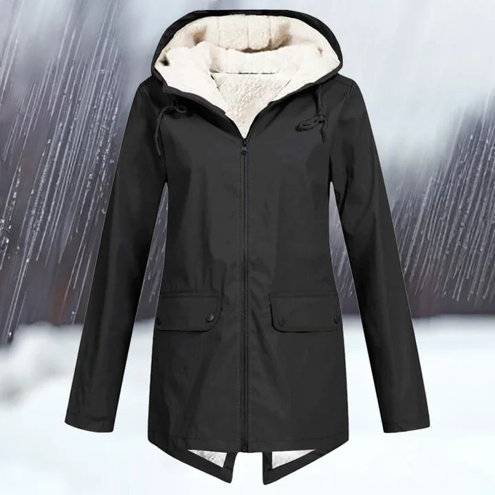 Plain wind- and waterproof jacket with hood and thickening