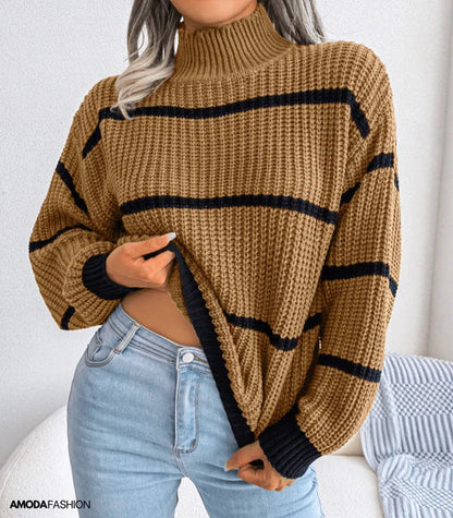 Striped turtleneck sweater with long sleeves, knitted