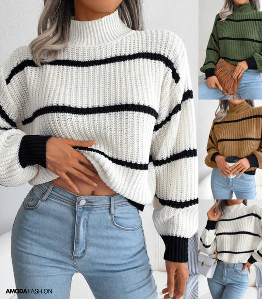 Striped turtleneck sweater with long sleeves, knitted