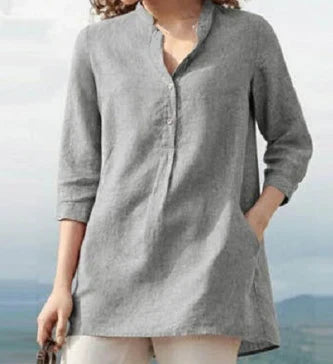 Claudia - plain, casual top made of linen cotton with stand-up collar for spring and autumn