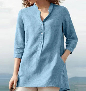 Claudia - plain, casual top made of linen cotton with stand-up collar for spring and autumn