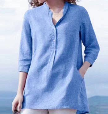 Claudia - plain, casual top made of linen cotton with stand-up collar for spring and autumn