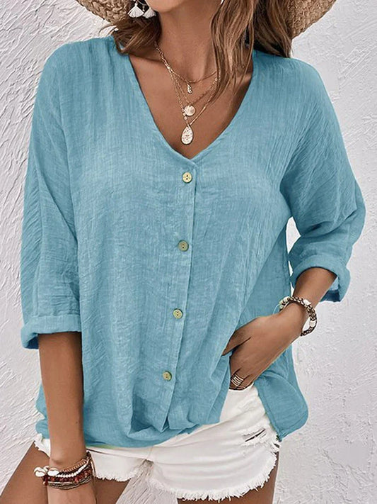 Clara – blue linen shirt with v-neck