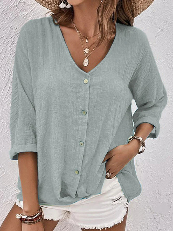 Clara – blue linen shirt with v-neck