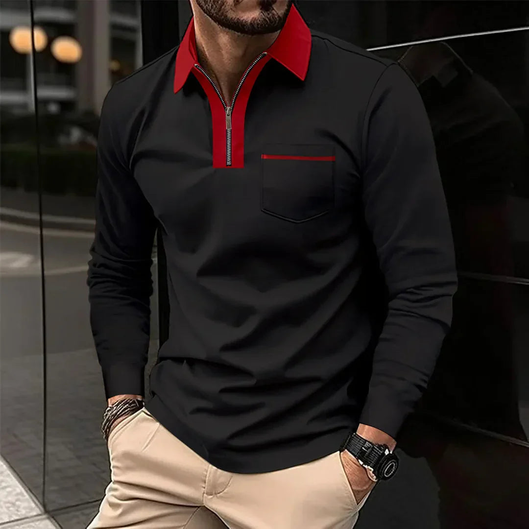 Alex | polo shirt with long sleeves and contrasting collar with zip